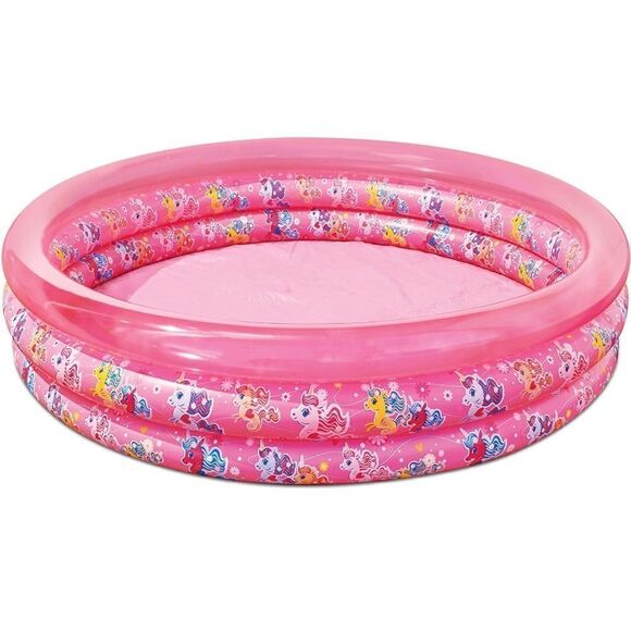 Play Day Kids Round Inflatable 3 Ring Kiddie Outdoor Pool Pink Pony Unicorn New - Picture 1 of 9